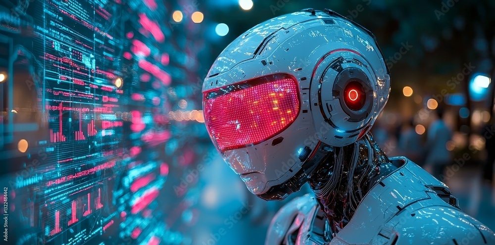 Poster in a cyber digital world, an android robot points at a computer with code, an ai chatbot, and a futu
