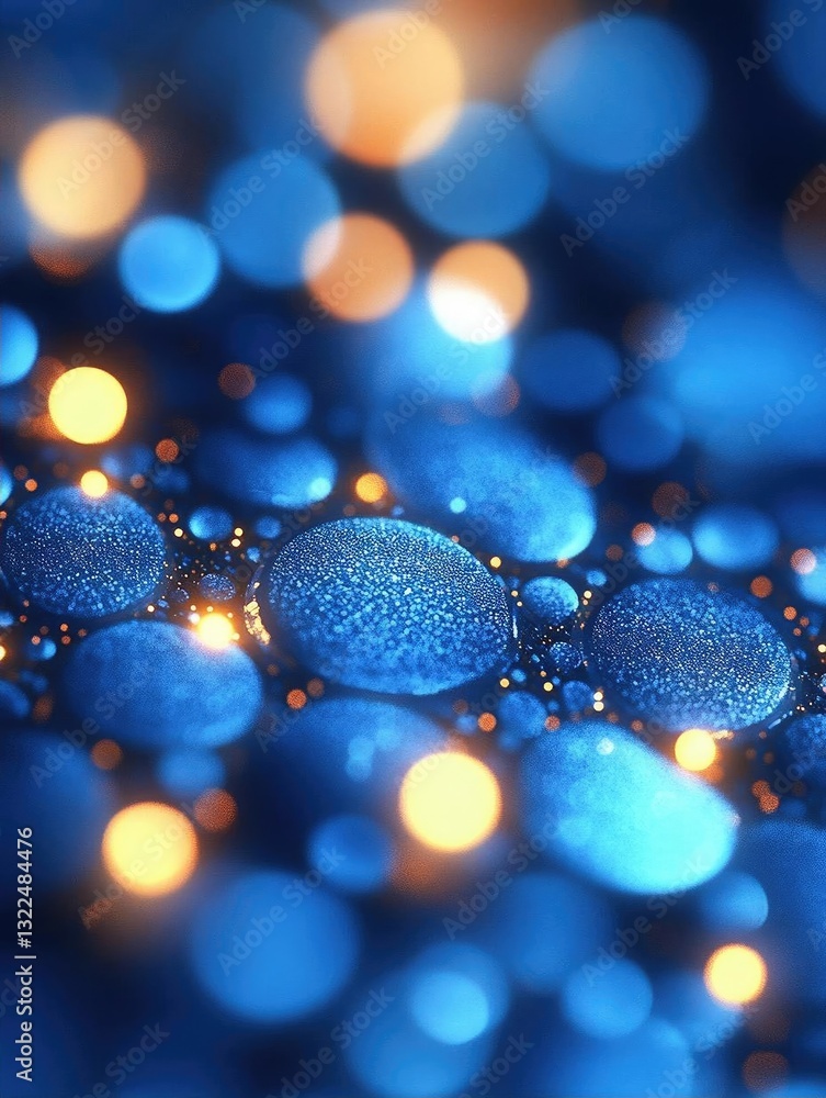 Aufkleber close-up of shimmering blue droplets on a surface with glowing bokeh lights in the background