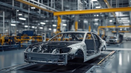 Naklejka premium Car assembly in a modern factory with machinery