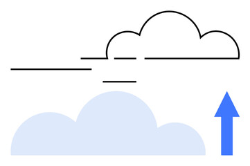Outlined cloud with lines suggesting motion blue cloud below and upward arrow. Ideal for technology, internet, storage, growth, innovation, online services, futuristic flat simple metaphor