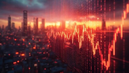 Vibrant city skyline at sunset with digital stock market graph overlay illustrating trends