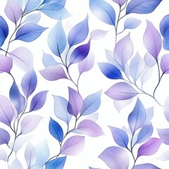 Seamless watercolor pattern with blue and purple leaves on white background.