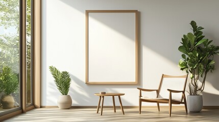 Modern living room interior with empty frame, cozy chair, and indoor plants in a sunlit space