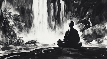 Obraz premium Serene Ink Wash of a Monk Meditating Beneath a Cascade