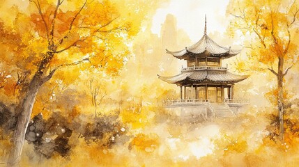 Obraz premium Serene ink wash of a pagoda surrounded by golden au