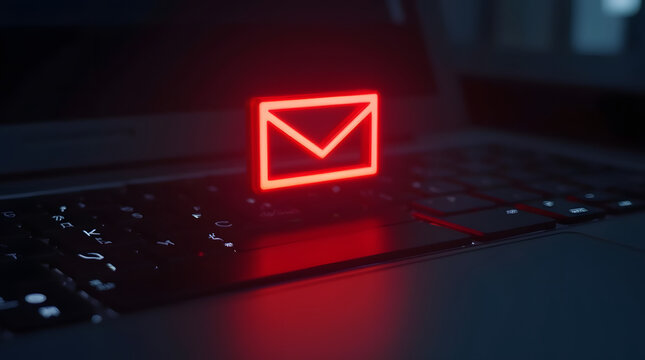 Red email icon glowing on dark keyboard, symbolizing digital communication and alerts. This captures essence of modern connectivity and importance of email
