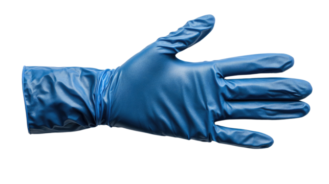 Glove Gesture: A close-up shot of a blue surgical or protective glove, showcasing its texture and the hand's open-palm gesture, implying safety and cleanliness.