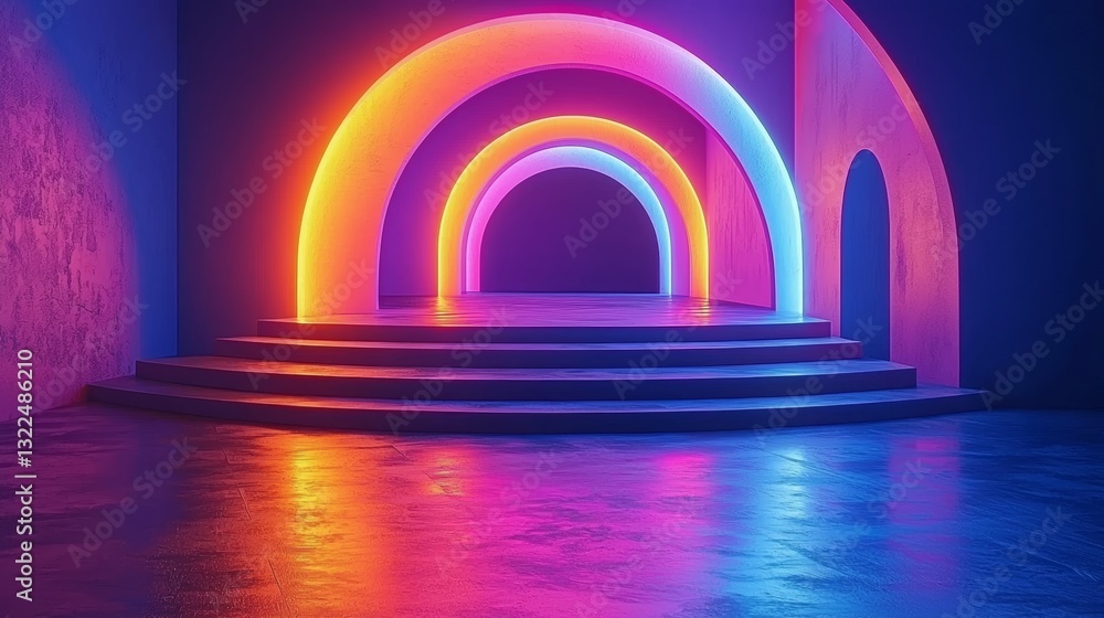 Poster 3d render of a modern, minimalistic scene with a blue background and abstract geometric shapes glowi
