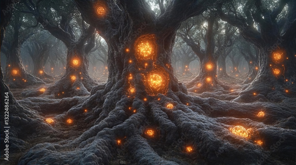 Poster enchanted forest with glowing orbs illuminating ancient twisted trees in a mystical atmosphere