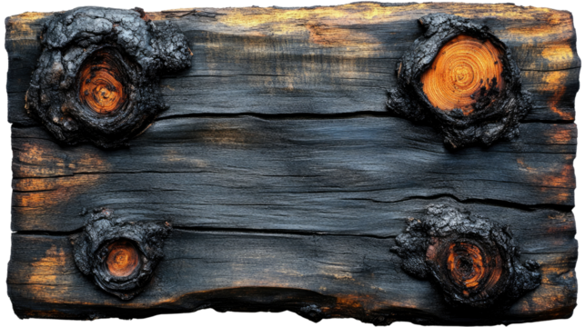 Charred Wood Texture: Close-up of a weathered wooden surface with intricate knots and charred marks. Reveals the passage of time and the artistry of nature.