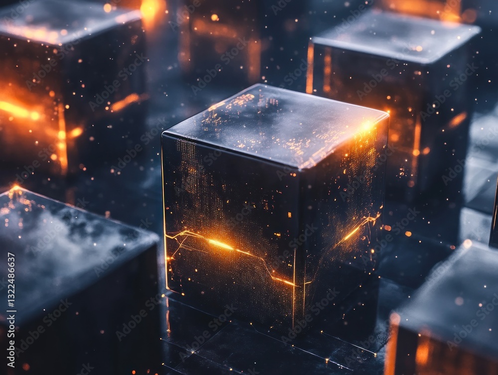 Poster a mesmerizing arrangement of glowing cubes in a futuristic digital landscape, showcasing vibrant lig