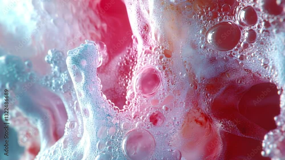 Aufkleber abstract digital animation of viscous pink liquid flow with bluish foam and bubbles. modern digital 