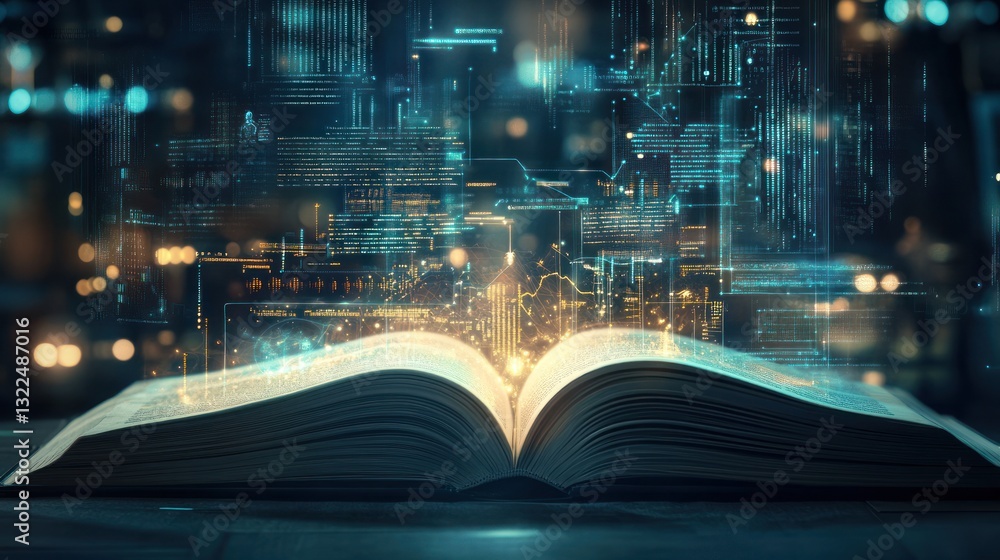 Poster an open book with glowing pages, surrounded by digital data streams and abstract technology elements