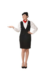 Smiling flight attendant showing something on white background