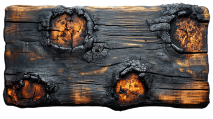 Charred Wood Texture: This image features a close-up of a heavily charred wooden plank, showcasing its rustic, textured surface with patterns created by fire