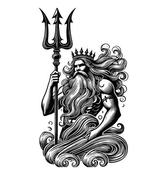 recommend clip art: Poseidon Holding Trident with Waves and Crown