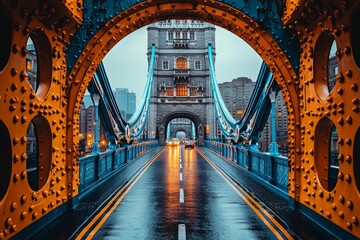 Obraz premium The evening traffic lights of Tower Bridge in London, England