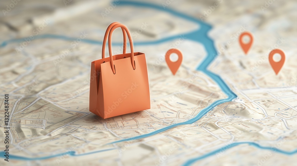 Poster Elegant illustration of a delivery route map featuring a grocery bag icon and location pins for efficient navigation