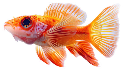 Fototapeta premium Exotic Beauty: A detailed shot of an orange and gold fish, showcasing its fins. The fish is the focal point and captured in sharp detail with an eye-catching perspective. 