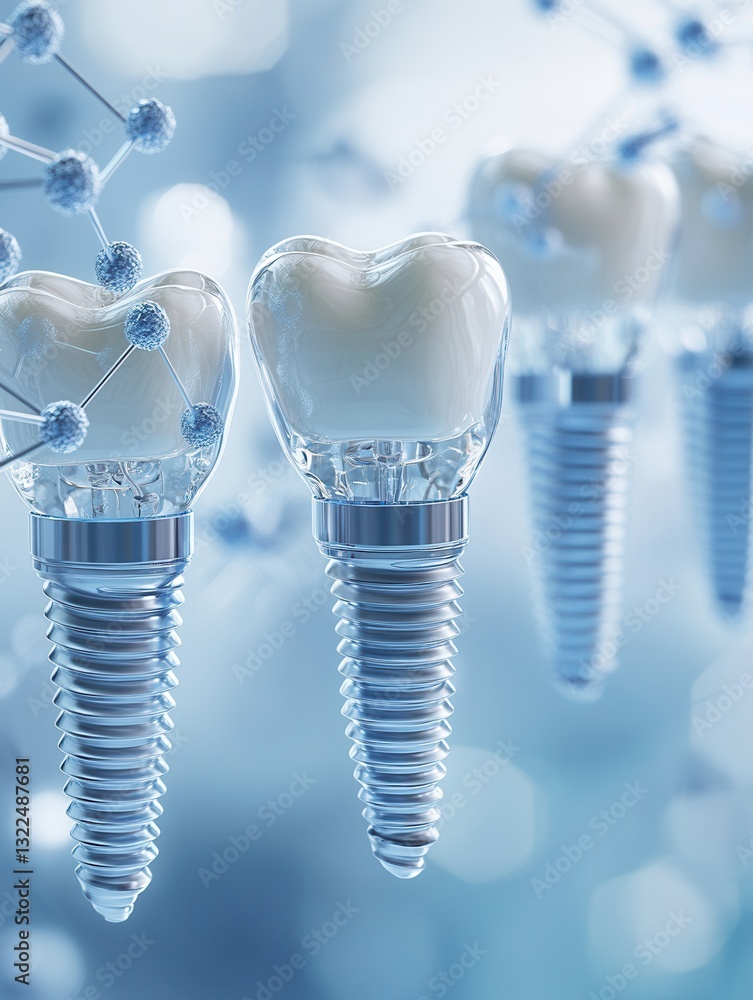 Poster floating molecular structures and titanium dental implants represent advanced dental technology in a