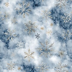 Seamless winter pattern with gold and silver snowflakes on a blue watercolor background.