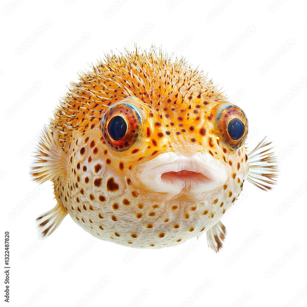 Poster vibrant pufferfish displaying intricate details in a serene transparent background setting, pufferfi