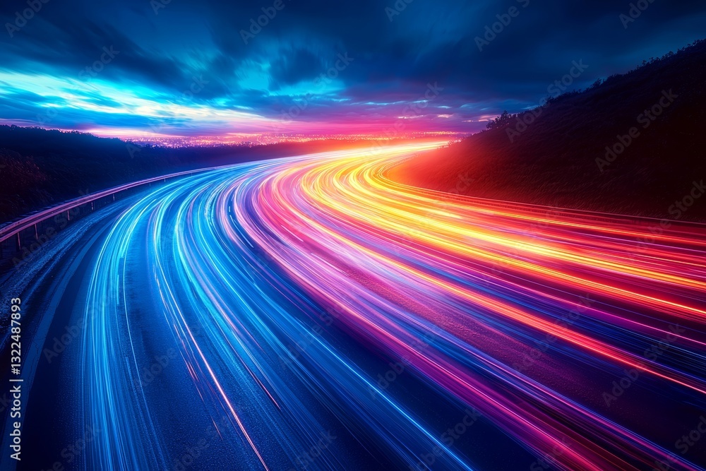 Poster futuristic 3d rendering of a hyperspace speed tunnel with streaking light trails in the background
