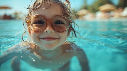 The father and his little daughter are playing together in the pool. Dad is interacting with the child. The family is relishing their summer vacation by playing in the swimming pool, jumping,
