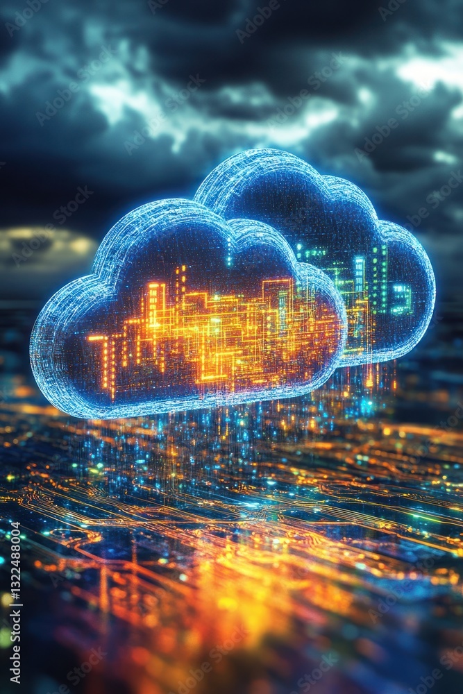 Poster futuristic digital clouds with glowing cityscape elements hovering above a reflective surface under 