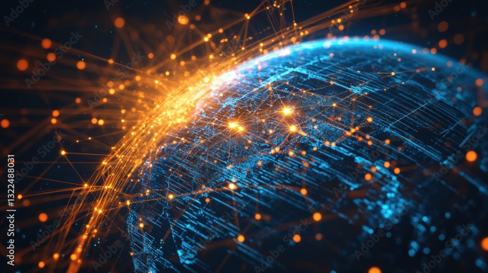 Poster a closeup visualization of a digital globe overlaid with intricate luminous pathways that crisscross