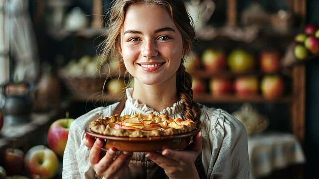A woman holding an apple pie