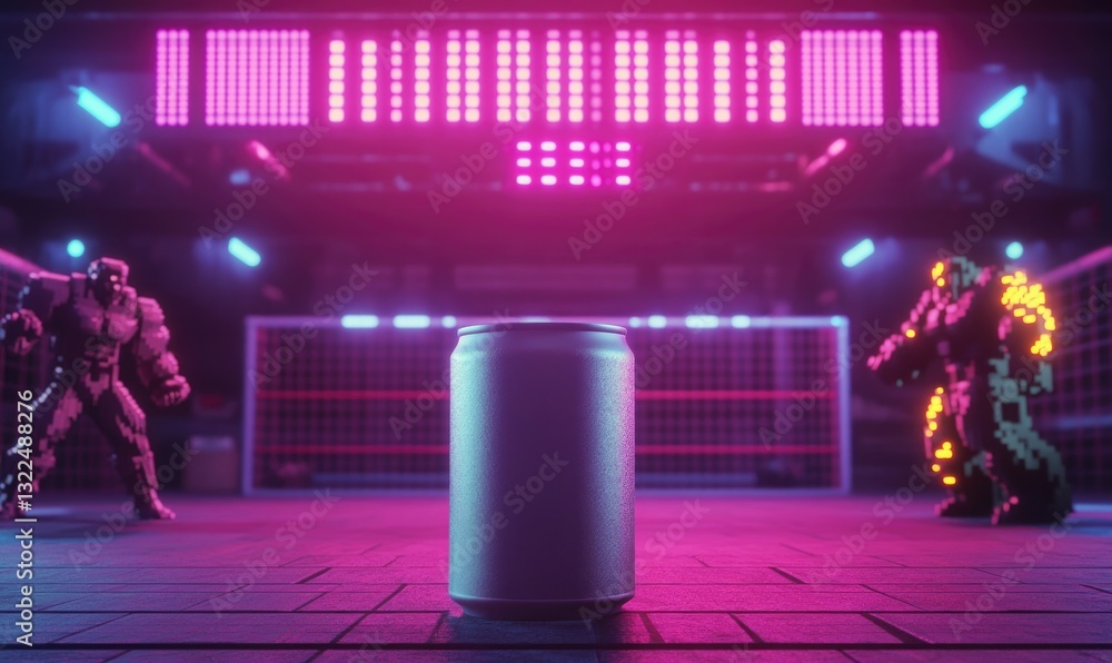 Poster a can of soda is on a sports field with two robots on either side of it