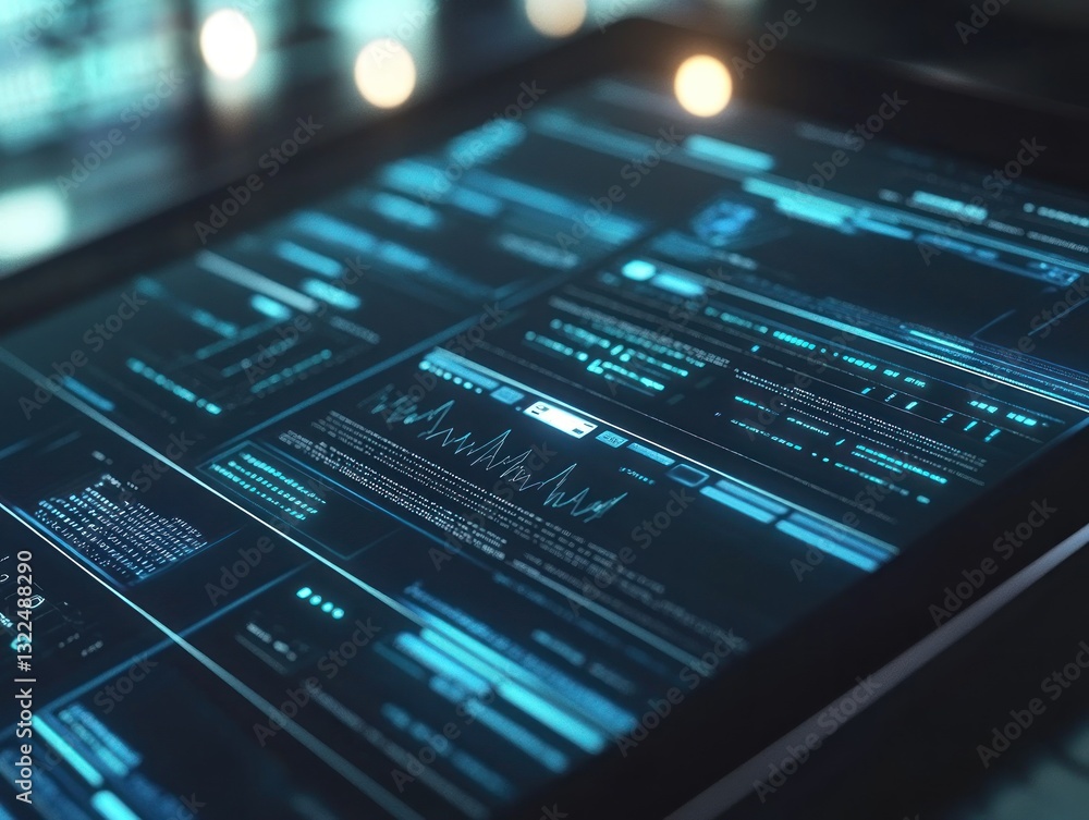 Poster futuristic digital interface displaying data analytics trends