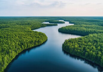Fototapeta premium Aerial View of Serene River Meandering Through Lush Green Forest with Reflections in Calm Water Under Clear Sky