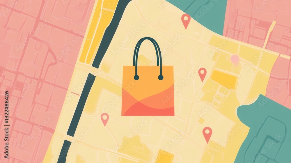 Poster elegant illustration of a delivery route map with grocery bag icon and location pins reflecting mode