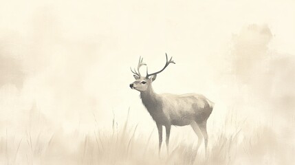 Obraz premium Serene Ink Painting of a Deer Standing in a Misty Forest