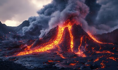 A volcano erupts with lava spewing out of it