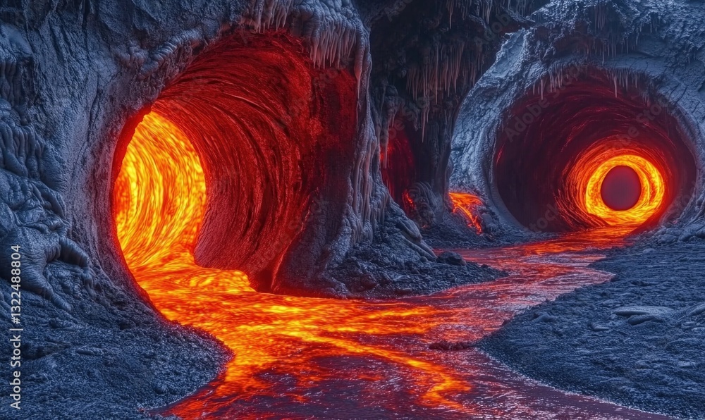 Poster a lava flow is seen in a cave with two openings