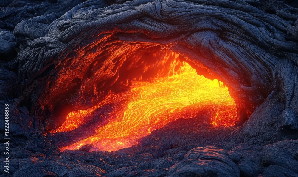 Poster a lava flow is seen in a cave with a hole in the ceiling