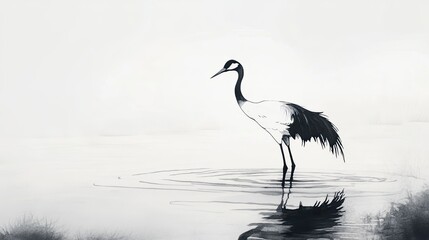 Fototapeta premium Serene Ink Wash of a Crane Standing in a Shallow Pond