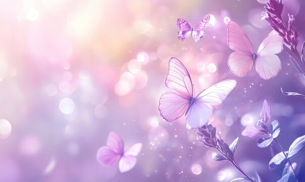 A butterfly is flying in the air above a purple background
