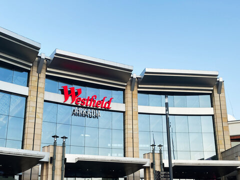 Modern shopping center entrance at Westfield Arkadia in Warsaw, Poland