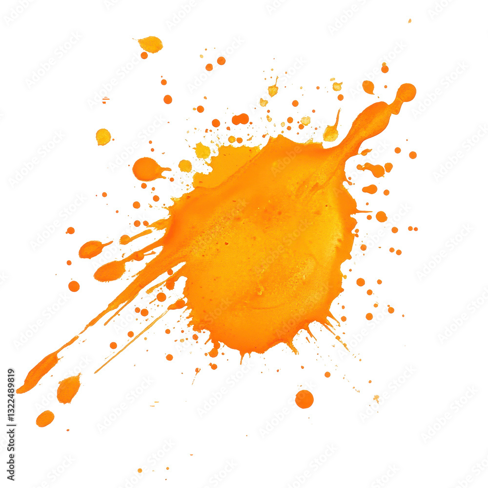 Poster Vibrant orange stain splattered on a clean Transparent background creating an artistic effect, orange  stain on PNG background