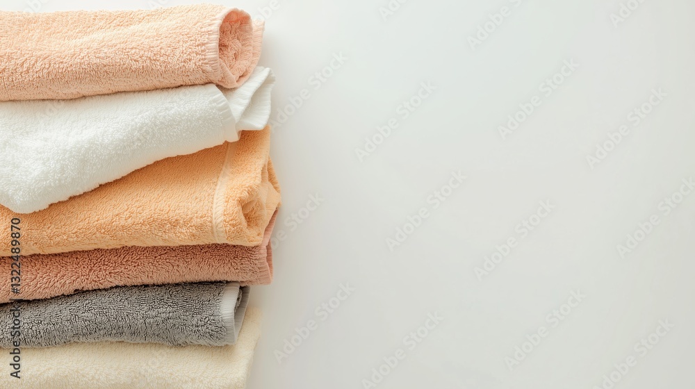 Poster soft and neatly stacked towels in various colors ready for use in a bathroom or spa setting