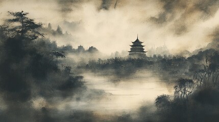 Obraz premium Serene Ink Painting of a Pagoda in the Distance