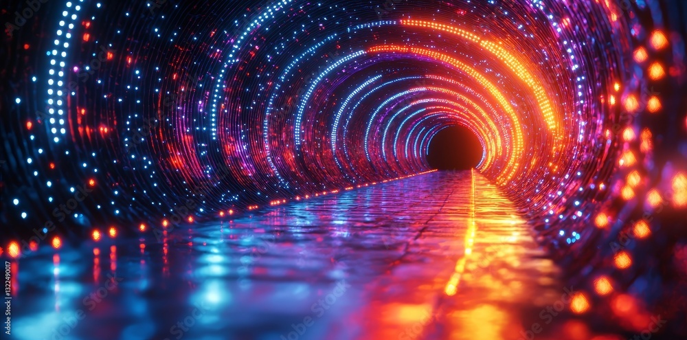 Poster glowing circular illuminated lines with motion blur in a 3d render, featuring a 360-degree seamless 