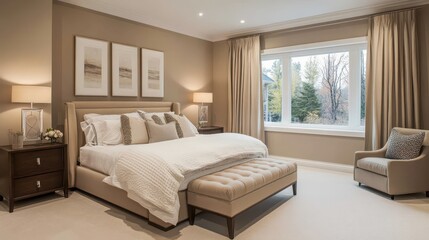 A luxurious and comfortable bedroom with neutral and soft tones