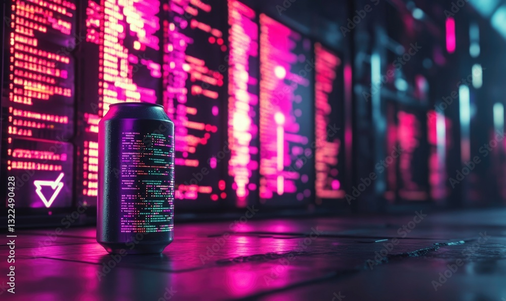 Poster a can of beer is sitting on a table in front of a wall of computer screens