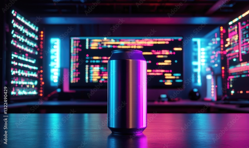 Aufkleber a can of soda sits on a table in front of a computer monitor