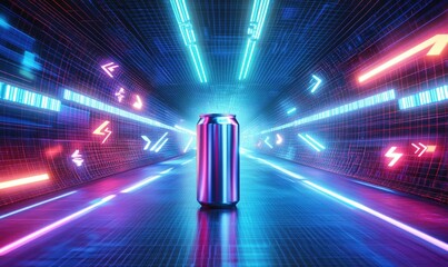 A can of soda is placed in the middle of a neon-lit tunnel